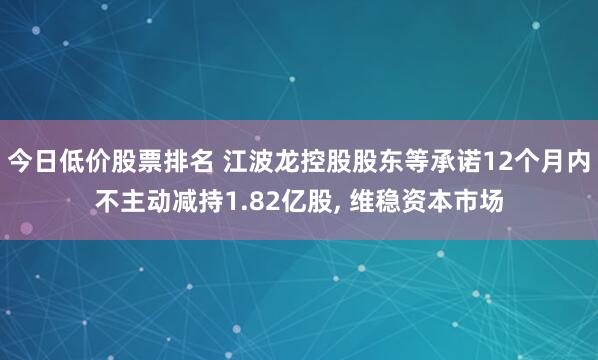 今日低价股票排名 江波龙控股股东等承诺12个月内不主动减持1.82亿股, 维稳资本市场